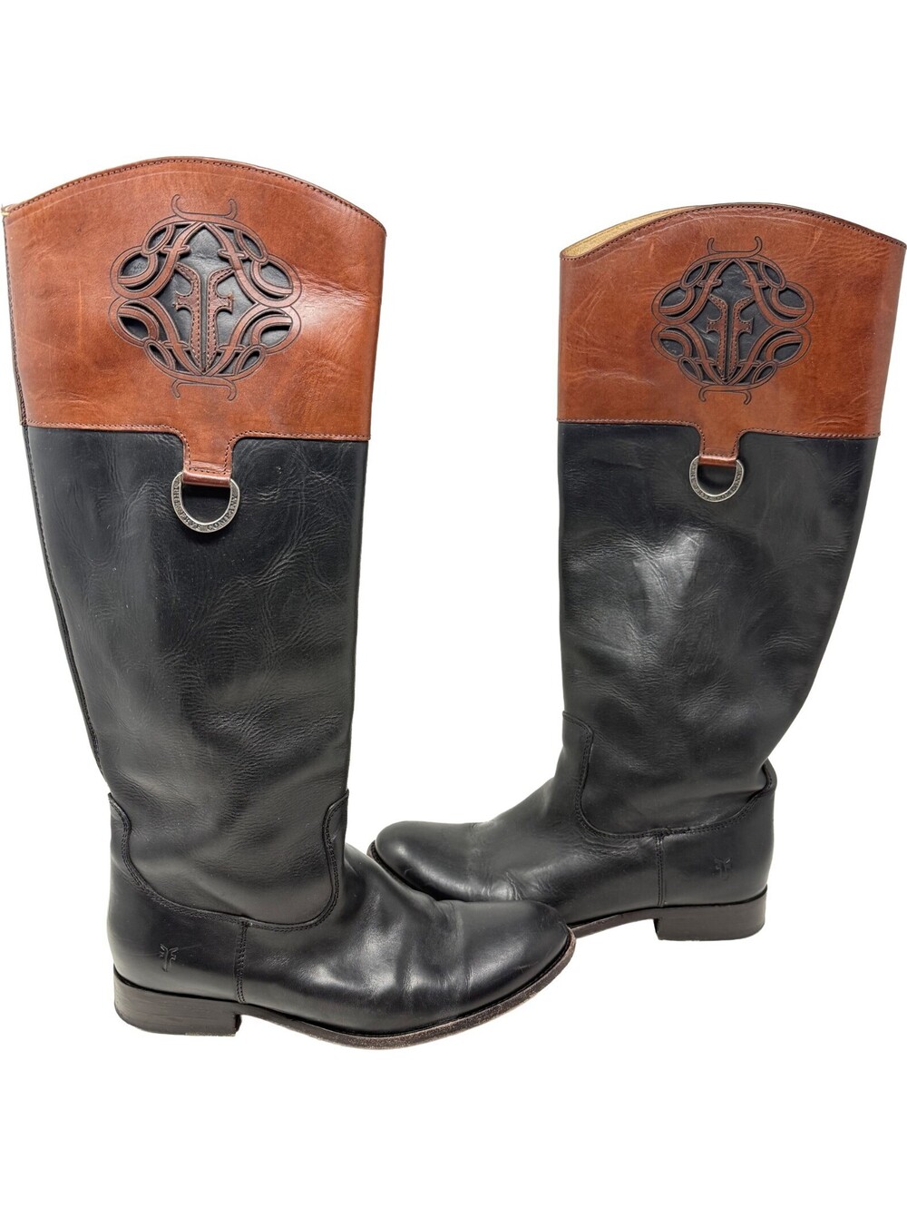 FRYE Melissa Logo Tall Leather Riding Boot Women Black/Brown 76436 - Size 10B